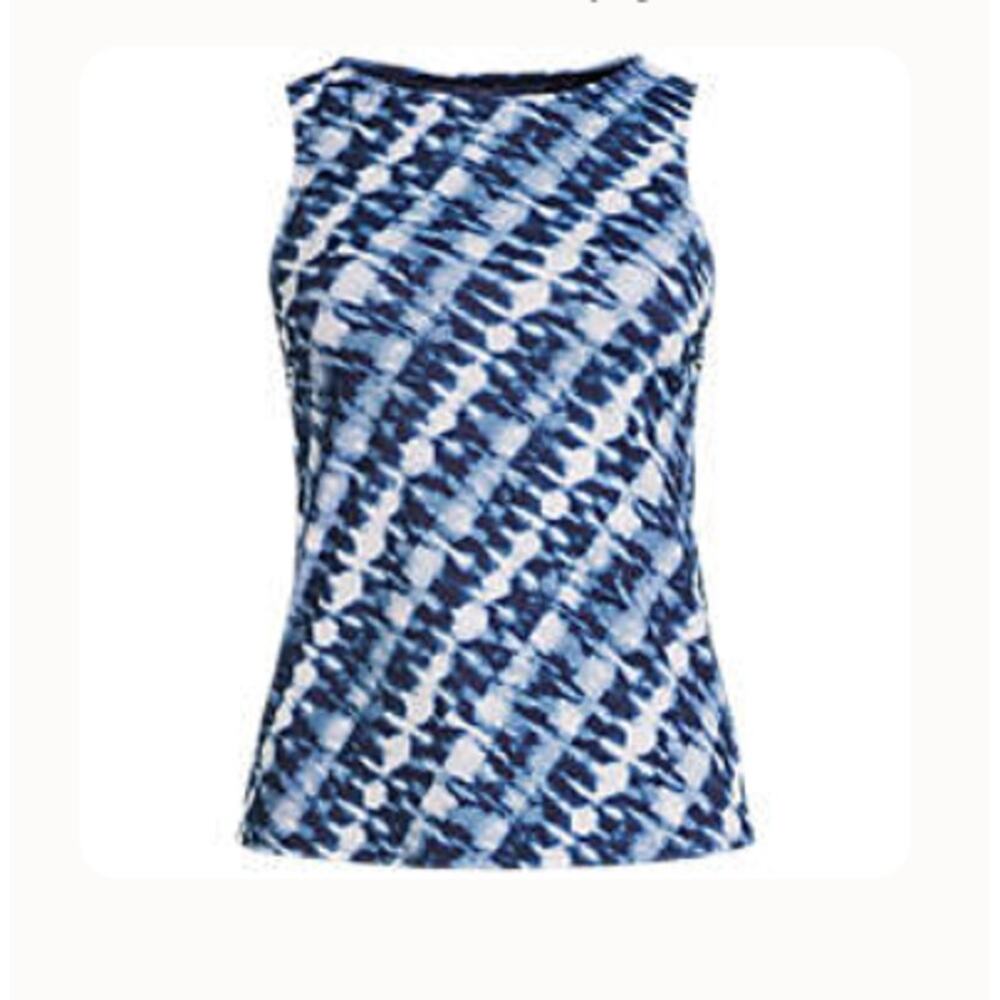 LANDS' END Size 10DD-Cup High Neck Modest Tankini NAVY/WHITE BIAS TIE DYE *NEW*